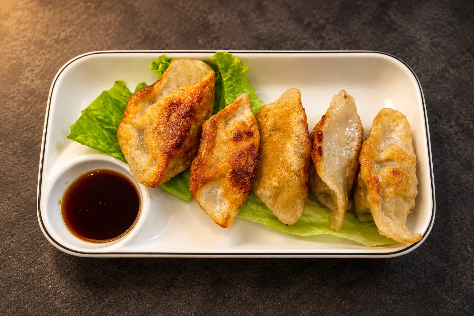 Grilled pork dumplings on lettuce, white rectangular plate, dipping sauce, on a dark background