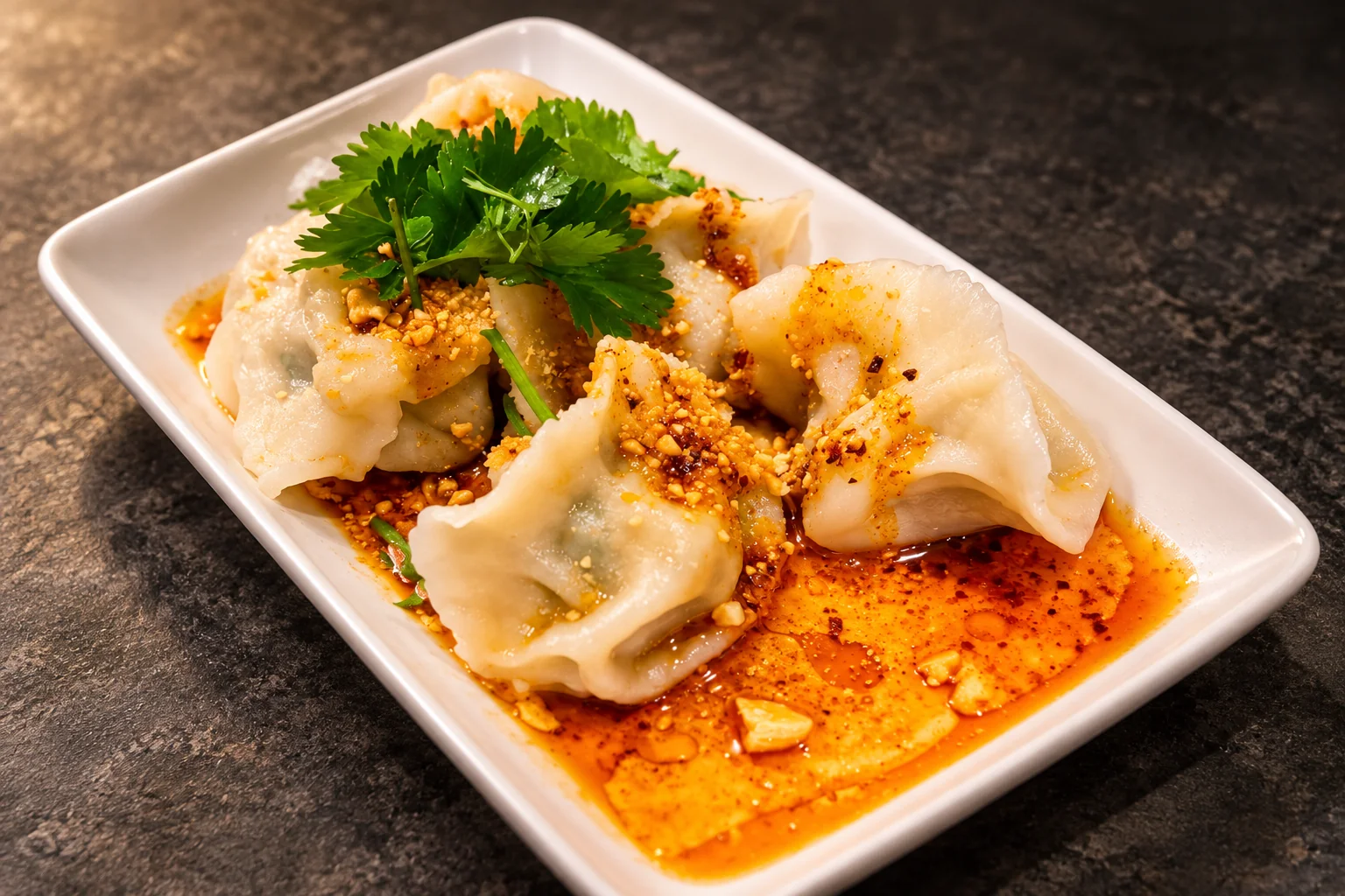 Pork dumplings in red oil, coriander, white plate, on a dark background