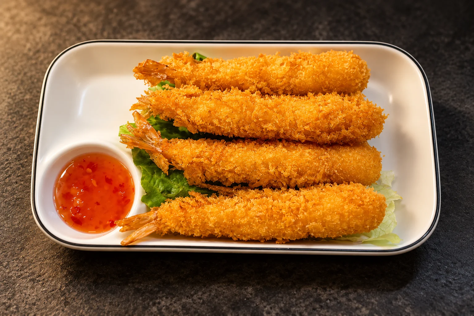 Breaded shrimp on lettuce, white rectangular plate, red dipping sauce, on a dark background