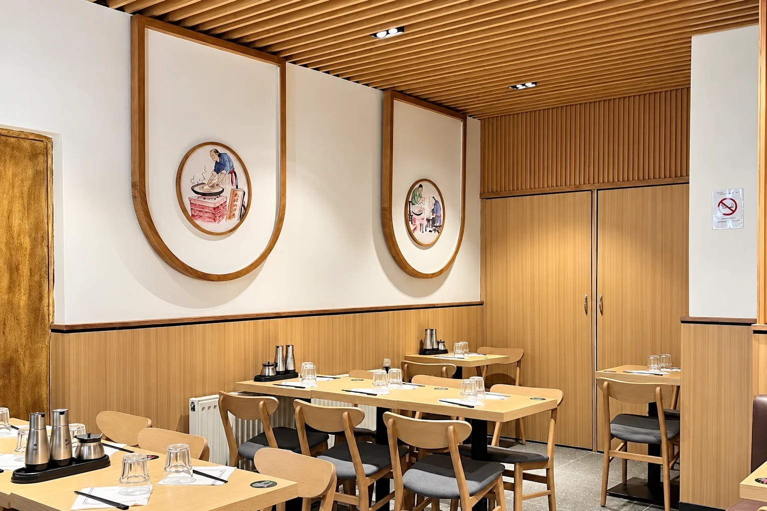 Dining room with light wood tables, wooden slatted ceiling and two round wall pictures