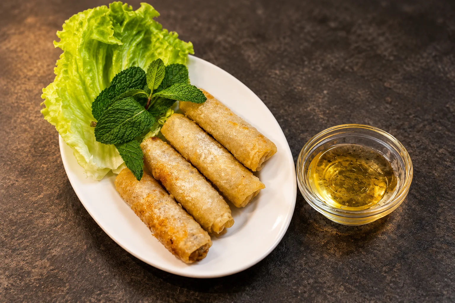 Chicken spring rolls on a white oval plate, lettuce and mint, dipping sauce