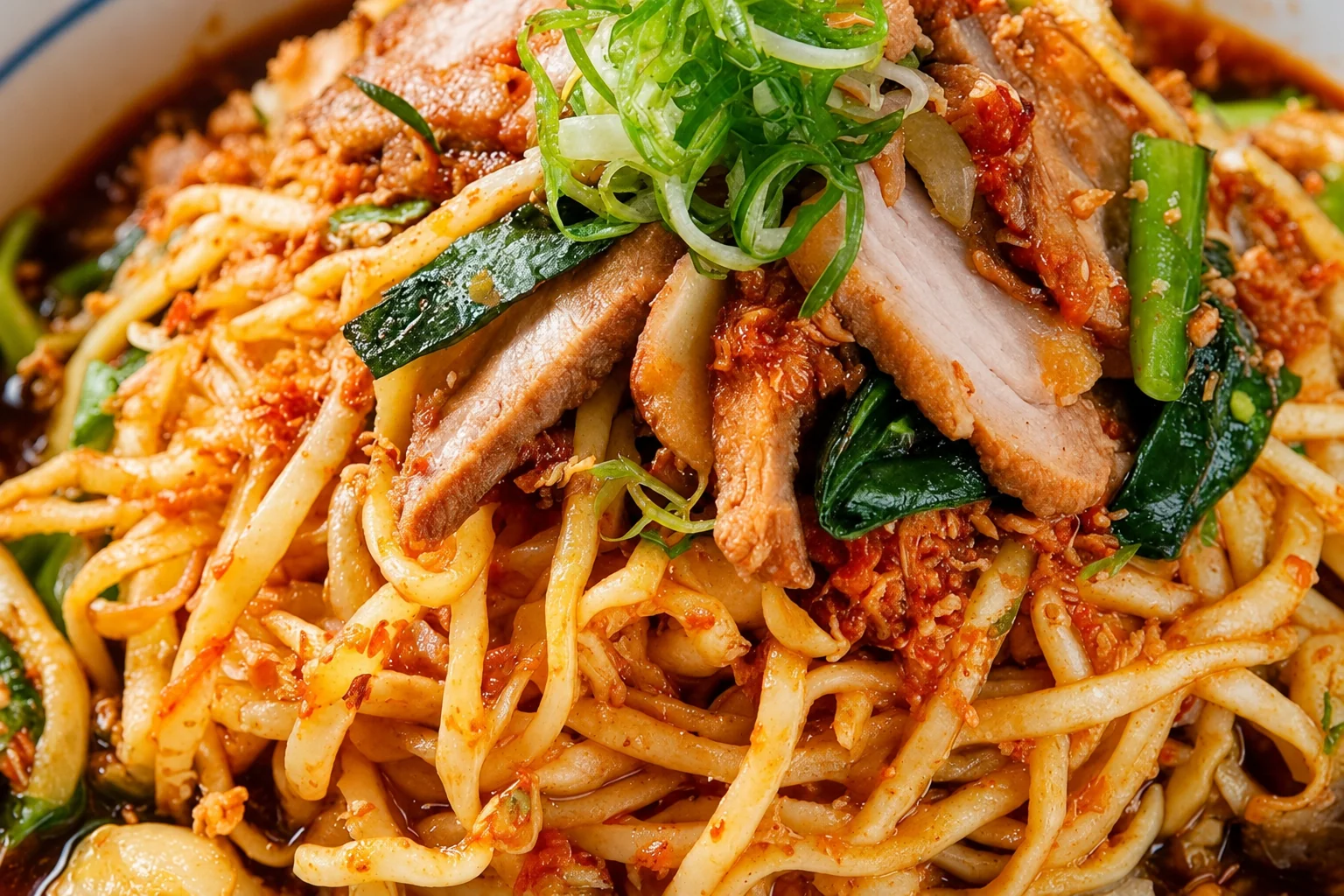 Noodles, sliced meat and spring onion in a bowl with a blue rim