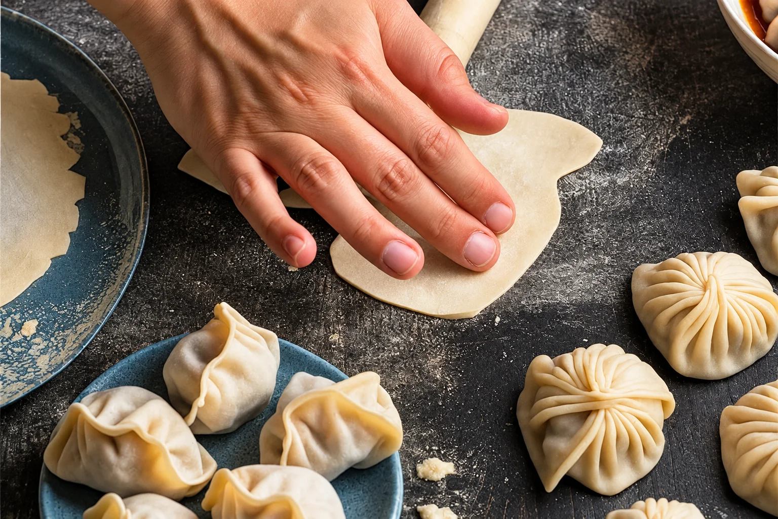 Hands rolling out dough, dumplings on a blue plate, dark worktop